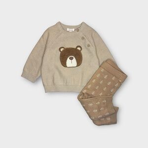 Catimini Bear Brown Sweater Knit Crew Pattern Jogger Matching Set